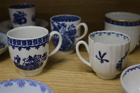 A collection of 18th century Worcester, Caughley and Liverpool blue and white cups and saucers